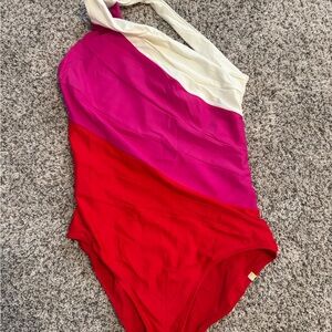 summersalt One-Shoulder Colorblock One-Piece Swimsuit in Red, Pink & Cream